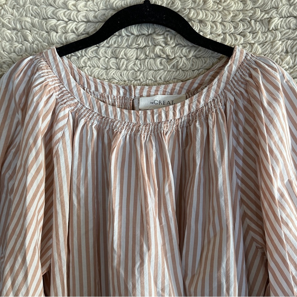 THE GREAT. dusty pink and white striped billowy bishop sleeve top M - Picture 2 of 11
